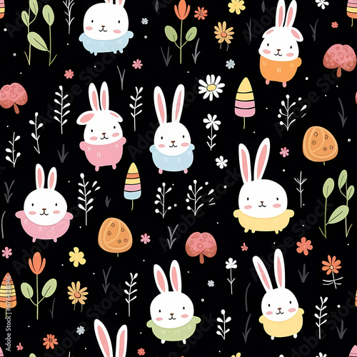 A watercolor painting of cute rabbits in a black background in doodle style seamless pattern