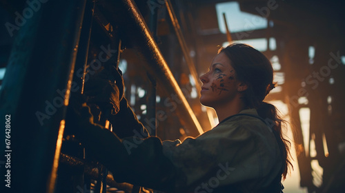 A skilled female worker performs manual work on an ocean oil platform