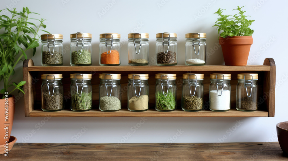 Wooden rack spices storage in the jars on white background. Wooden rack spices storage in the jars on white background.