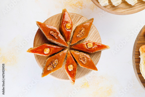 Traditional Azerbaijan sweet paxlava or bakhlava with walnuts. photo