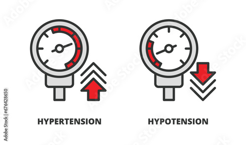 Hypotension and Hypertension icons in line design. Pressure, Systolic, Skills, Diastolic, Heart vector illustrations. Medical illustrations editable stroke icons.