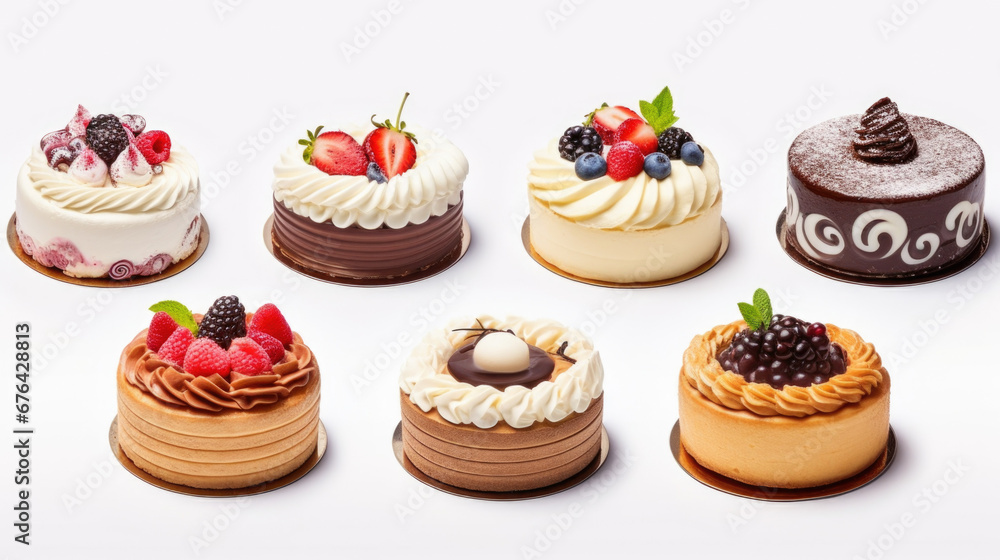 Set of different delicious cakes isolated on white. Set of different delicious cakes isolated on white.