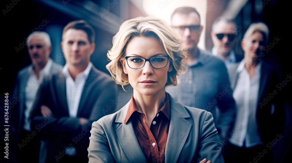 DECISIVE LEADER BUSINESSWOMAN WITH A GROUP, CLOSE-KNIT TEAM, COLLEAGUES. legal AI DECISIVE LEADER BUSINESSWOMAN WITH A GROUP, CLOSE-KNIT TEAM, COLLEAGUES. legal AI