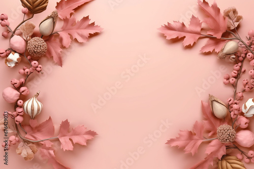 Autumn foliage border, pink background with copy space