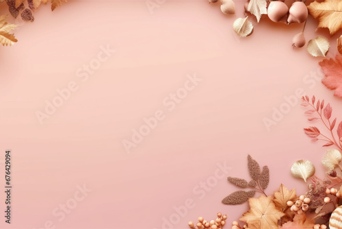 Autumn foliage border, pink background with copy space