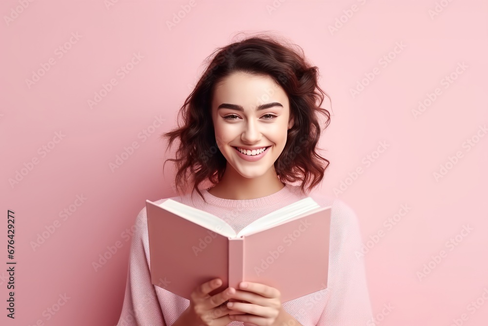 Young Brunette Woman Reading a Pink Book on a Pink Background Young Brunette Woman Reading a Pink Book on a Pink Background