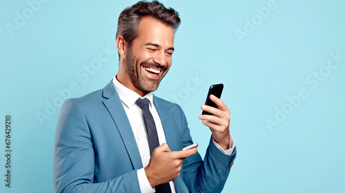 HAPPY LAUGHING YOUNG MAN TALKING ON MOBILE PHONE. legal AI 