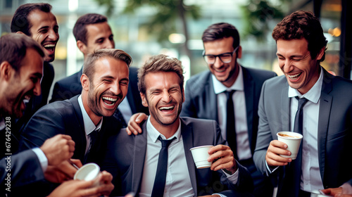 GROUP OF LAUGHING HAPPY BUSINESSMEN DRINKING COFFEE DURING A BREAK. legal AI 
