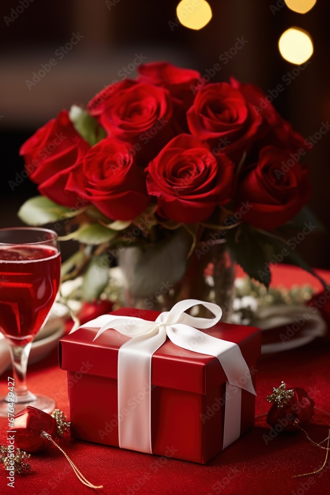 Romantic dinner setting with red roses and gift box on table.Valentine's Day Concept Romantic dinner setting with red roses and gift box on table.Valentine's Day Concept