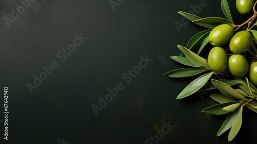 Green olives on dark background. Healthy food. Free space for your text