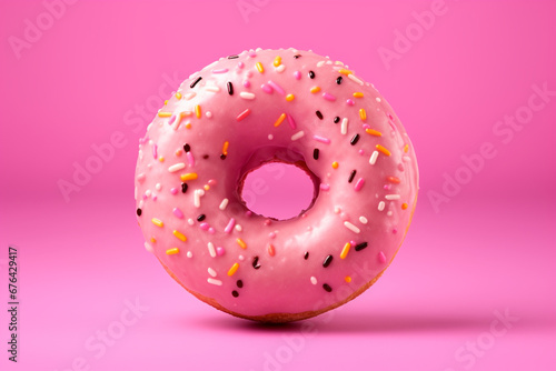 Pink glazed sweet donut background with copy space