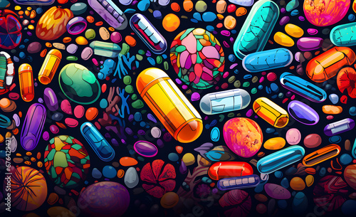 Colorful illustration of hallucinogenic pills and capsules on dark background. photo