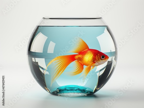 A goldfish in a fish bowl on a white surface.