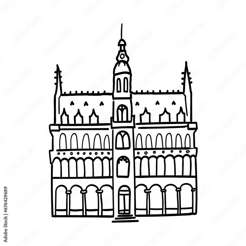 Hand drawn doodle outline icon of european building. Hand drawn doodle outline icon of european building.