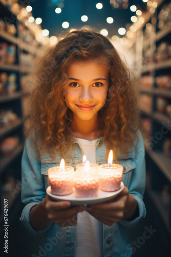 A little girl is smiling and laughing while holding the birthday cake, Generative AI