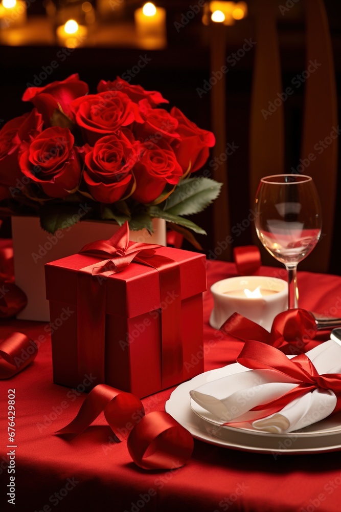 Romantic dinner setting with red roses and gift box on table.Valentine's Day Concept Romantic dinner setting with red roses and gift box on table.Valentine's Day Concept