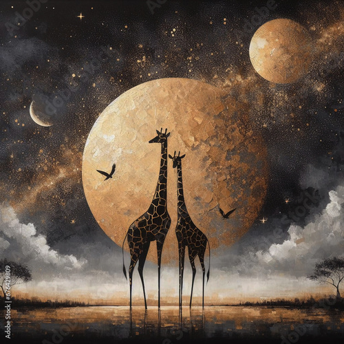 Мodern abstract gold painting of lovely couple giraffe at night galaxy sky moon. The texture of the oriental style of gray and gold canvas. Generative AI.