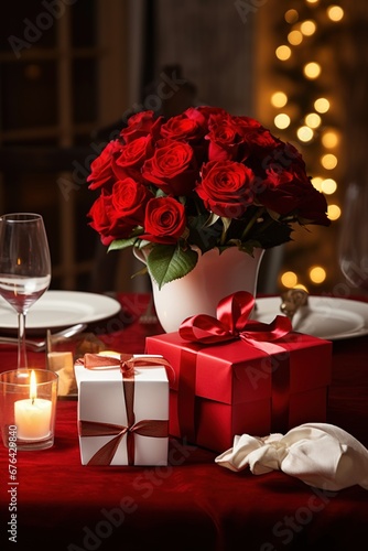 Romantic dinner setting with red roses and gift box on table.Valentine s Day Concept