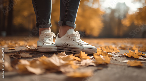 Bottom view of female feet wearing white sneakers standing on yellow leaves in fall.