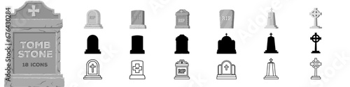 Tombstone icon. Tombstone icon set. Flat, silhouette, linear style.