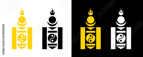 Soyombo icon. Symbol of Buddhism and religion of Mongolia. Consists of several symbols: crescent, fire and yin yang.