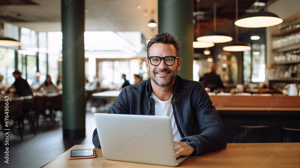 Man working on laptop in cafe, freelancer with computer in cafe, man in glasses smiling looking at the camera Man working on laptop in cafe, freelancer with computer in cafe, man in glasses smiling looking at the camera