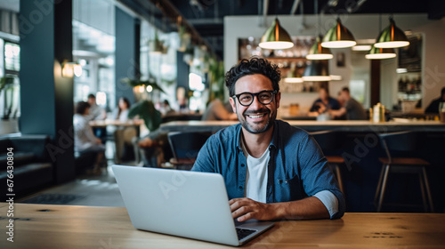 Man working on laptop in cafe, freelancer with computer in cafe, man in glasses smiling looking at the camera photo