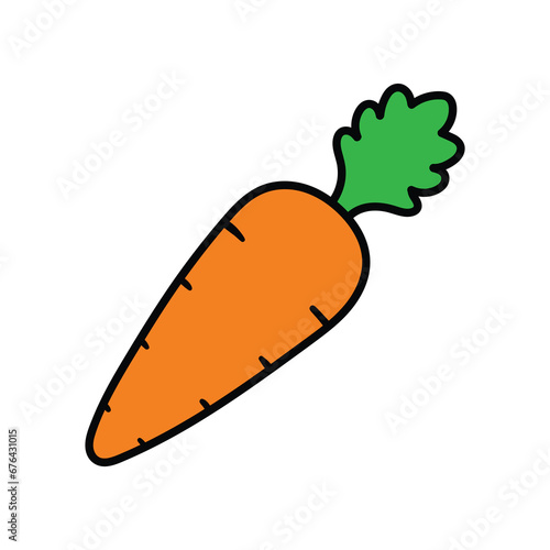 A hand-drawn cartoon doodle icon of a carrot with a leaf on a white background.