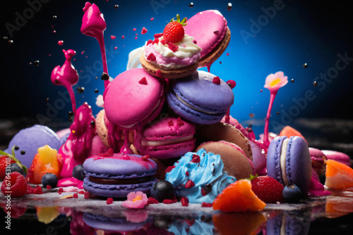 marshmallows and cookies with fruits and splashes of sauce or cream on a colored background  delicious and sweet food