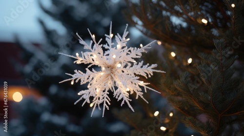 A frosty snowflake ornament elegantly hanging on a Christmas tree  embodying the serene beauty of the winter season.