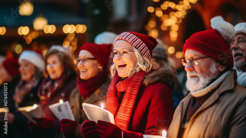 Christmas Harmony  people in Santa hats, united in song under the glow of a beautifully decorated Christmas tree.