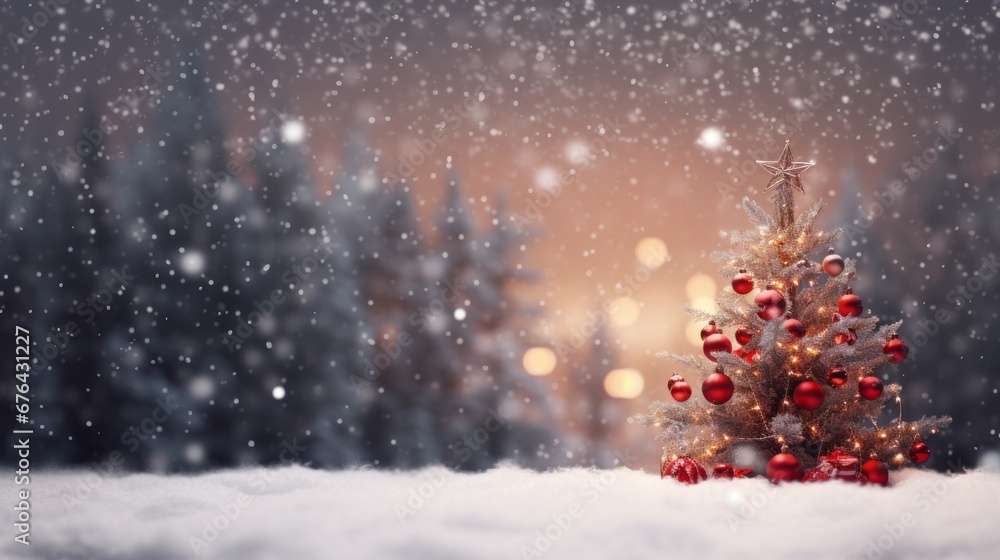 A beautifully adorned Christmas tree standing tall amidst a snowy forest, casting a warm, inviting glow against the winter chill. A beautifully adorned Christmas tree standing tall amidst a snowy forest, casting a warm, inviting glow against the winter chill.