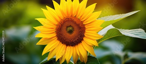 In the lush green garden the beautiful sunflower stands tall its colorful petals radiating with the beauty of nature in spring a vibrant burst of floral brilliance against the backdrop of l
