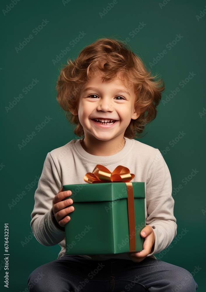 A cute boy is looking forward to unwrapping Christmas presents. The boy holds a gift in his hands. Generative AI. A cute boy is looking forward to unwrapping Christmas presents. The boy holds a gift in his hands. Generative AI.