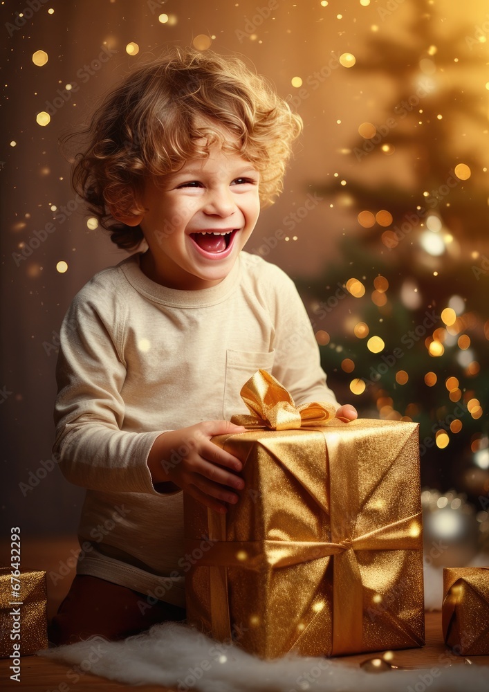 A cute boy is looking forward to unwrapping Christmas presents. The boy holds a gift in his hands. Generative AI. A cute boy is looking forward to unwrapping Christmas presents. The boy holds a gift in his hands. Generative AI.