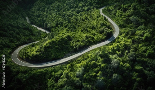 Aerial view of a road in the middle of the forest © grigoryepremyan