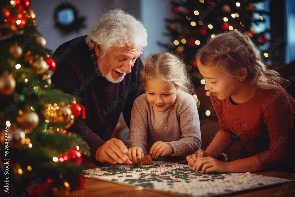 Grandfather and his grandchildren playing board game near Christmas tree - obrazy, fototapety, plakaty 