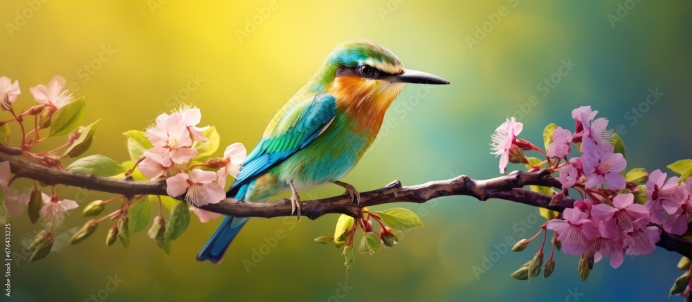 In the beautiful spring meadow a colorful bird perched on a green plant creating a stunning portrait against the background of nature s vibrant and natural hues showcasing the harmony betwe In the beautiful spring meadow a colorful bird perched on a green plant creating a stunning portrait against the background of nature s vibrant and natural hues showcasing the harmony betwe