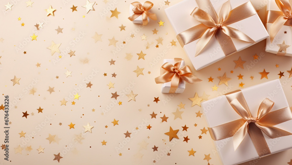 Vue du haut de cadeau de Noël, ambiance festive et hivernale. Couleurs beige, doré. Espace vide de composition pour conception et création graphique. Vue du haut de cadeau de Noël, ambiance festive et hivernale. Couleurs beige, doré. Espace vide de composition pour conception et création graphique.