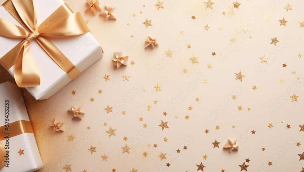 Vue du haut de cadeau de Noël, ambiance festive et hivernale. Couleurs beige, doré. Espace vide de composition pour conception et création graphique.