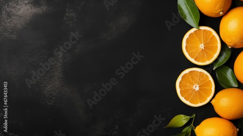 Fresh orange and lemon on a black background. Healthy food. Free space for your text © Tombomumet Studio