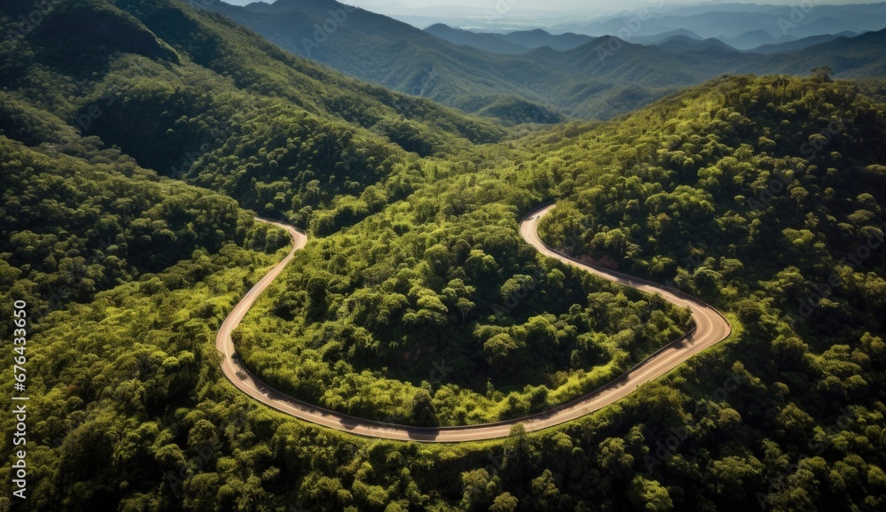 Aerial view of a road in the middle of the forest Aerial view of a road in the middle of the forest