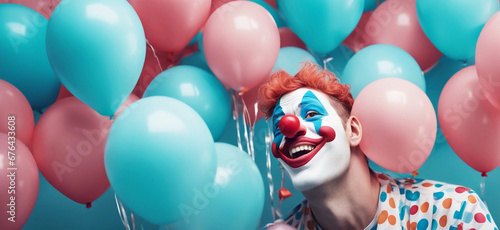 Bright cheerful clown. Birthday for children. Generative AI.
