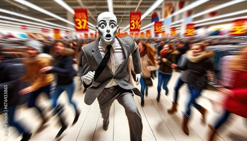 mannequin with a startled expression seems to flee from eager shoppers, capturing the pandemonium of a sale event