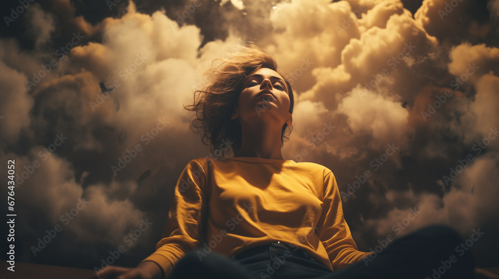 travel photography of young woman meditating with clouds in the back, woman with clouds, spirituality, relaxation, mindfulness, calm woman meditating, travel blog, lifestyle