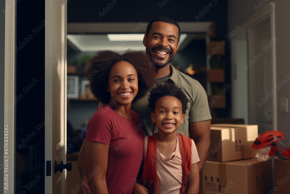 A happy African American family is moving into their new home. Cozy living room, cardboard boxes with things. Mortgage loan, the concept of improving housing conditions, moving. A happy African American family is moving into their new home. Cozy living room, cardboard boxes with things. Mortgage loan, the concept of improving housing conditions, moving.
