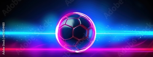 billboard or poster with place for text. concept sport  football  futuristic  ball. futuristic neon ball on a blue background