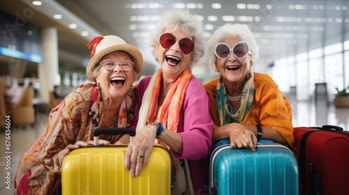 pensioner friends, elderly people are going on a vacation trip senior happy people's day concept photo