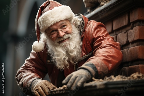 Holiday Entry: Santa Claus, in a bright red suit, makes a festive entrance by descending a chimney, ready to fill homes with joy and gifts