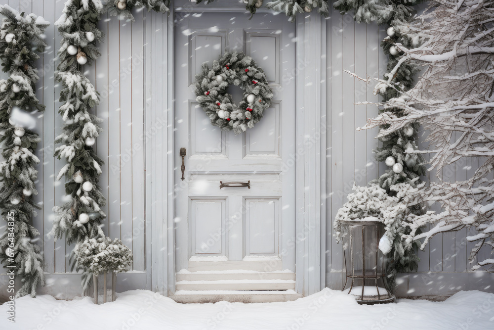 Elegant Christmas wreath on white door in snowy day Elegant Christmas wreath on white door in snowy day